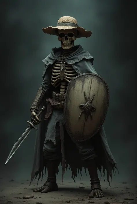 The skull is holding a buckler and rapier, and is wearing a straw hat and a gray ragged cape.