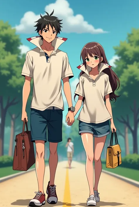 Anime Preppy boyfriend wearing a Massive Popped Collar Polo thats taller than his head while walking with with his Preppy Popped Collar girlfriend
