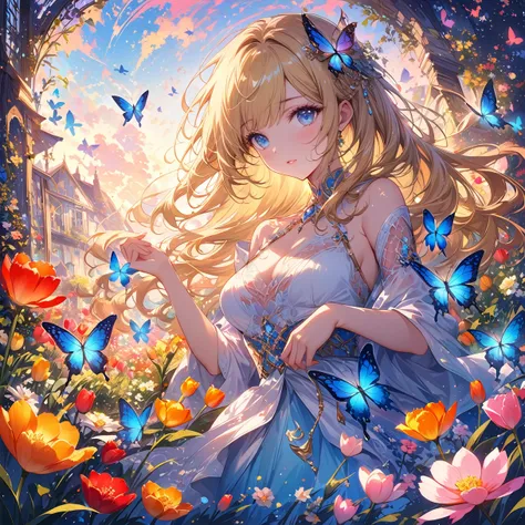 (最 high quality,  high quality,  high resolution on down,  Digital Art ,  beautiful and aesthetic:1.2),  A beautiful girl with bright blue eyes and flowing blond hair , She wears a flowing spiritual dress 、 it stands in a rich garden surrounded by bright f...