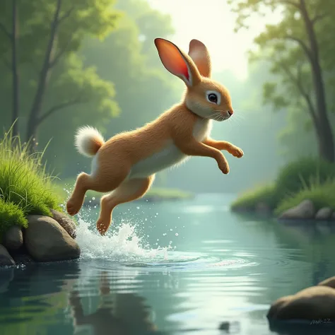 A rabbit jumping a river
