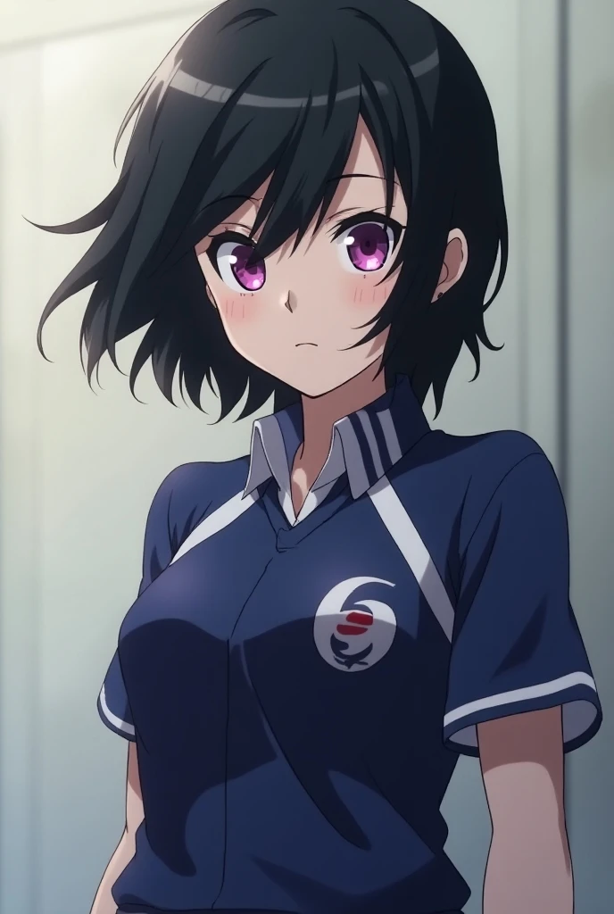 Screenshot of My Hero Academia white-skinned girl with black hair, purple eyes with bangs and wearing mhas sports uniform