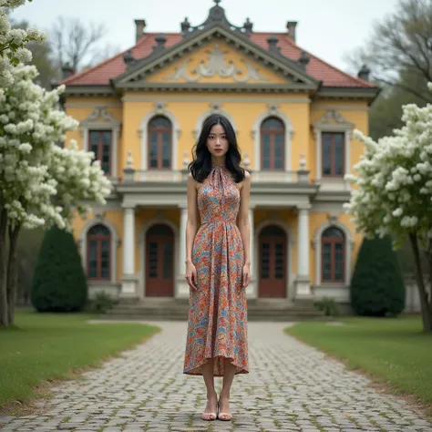 A photograph of a Thai woman 22 years old, with pale white skin, wearing her wavy black shiny hair down. High-end geomatic colorful print pattern dress, Satin fabric, Sleeveless, High-Neck with a ribbon tied in a tiny bow beside her neck, mid-calf length d...