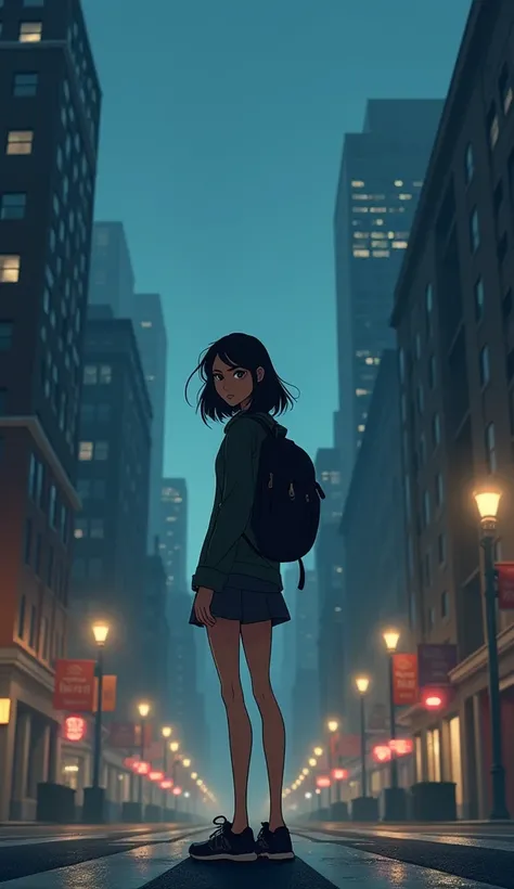 A very clear ultra HD image of "A young woman standing at a crossroads in a cityscape during twilight, looking around nervously. The background shows empty streets and dimly lit buildings, creating an atmosphere of caution and subtle fear. Pixar style cart...