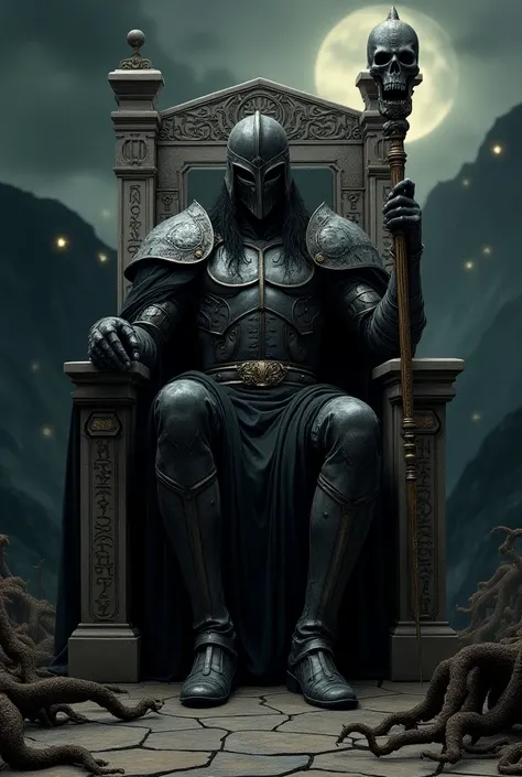 A dark, gothic tarot card design titled The Emperor. The Emperor sits on a grand, weathered stone throne engraved with ancient runes of power, evoking a timeless authority. His face is half-hidden by a dark, intimidating helmet, and his stern gaze reveals ...