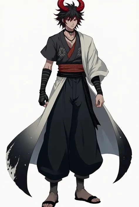  Create a 17-year-old anime ronin boy , 1,93 tall, elf ears,  with hair down black with messy red tips, large red horns ,  black headband with large red flame design covering the mouth ,  long sleeve dark gray Japanese shirt with Japanese designs ,  a long...