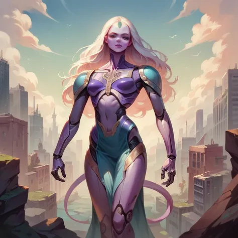  masterpiece ,  best quality ,  ultra high resolution ,  realistic skin texture, Female alien, sexy, tight clothes,  white and purple color theme,  cybernetic armor , Tunica, city, metallic skirt, psionic powers , big head, Bifurcated legs