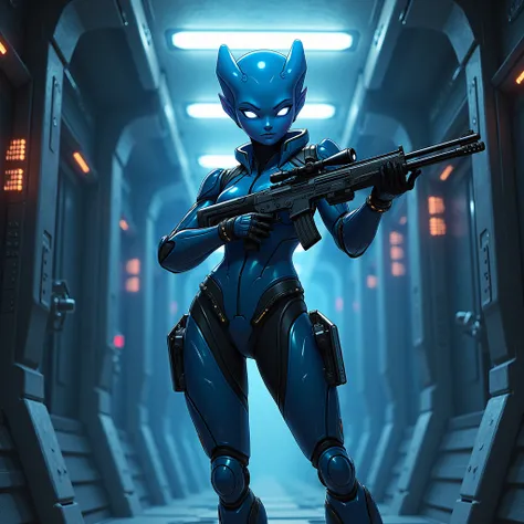  anime style. Blue-skinned alien with space armor holding a rifle in a ship corridor 