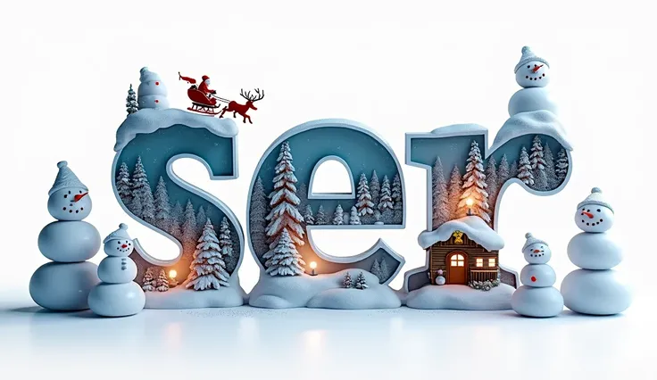 A mesmerizing 3D digital rendering of a captivating art piece, crafted in transparent acrylic, that spells out "SER" in an enchanting, magical design. Each letter is intricately adorned with a winter wonderland scene, featuring snow-covered forests, a froz...