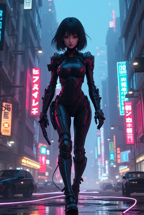 a female cyborg in a futuristic city, 90s anime style, detailed line art, fine details, greg rutkowski art, makoto shinkai kyoto animation, feminine eye-level shot, cyberpunk, neon lights, floating buildings, advanced robotics, surreal sci-fi landscape, ci...