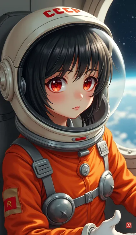  1girl,flat_ breast,Cute,beautiful detailed eyes,shiny hair,visible through hair,hairs between eyes, CCCPposter, Soviet poster,red monochrome,Soviet  poster, Soviet ,Communism ,
black_hair,red_eyes,Vampire,teenage,бедная breast,spacesuit:orange_ clothes _b...