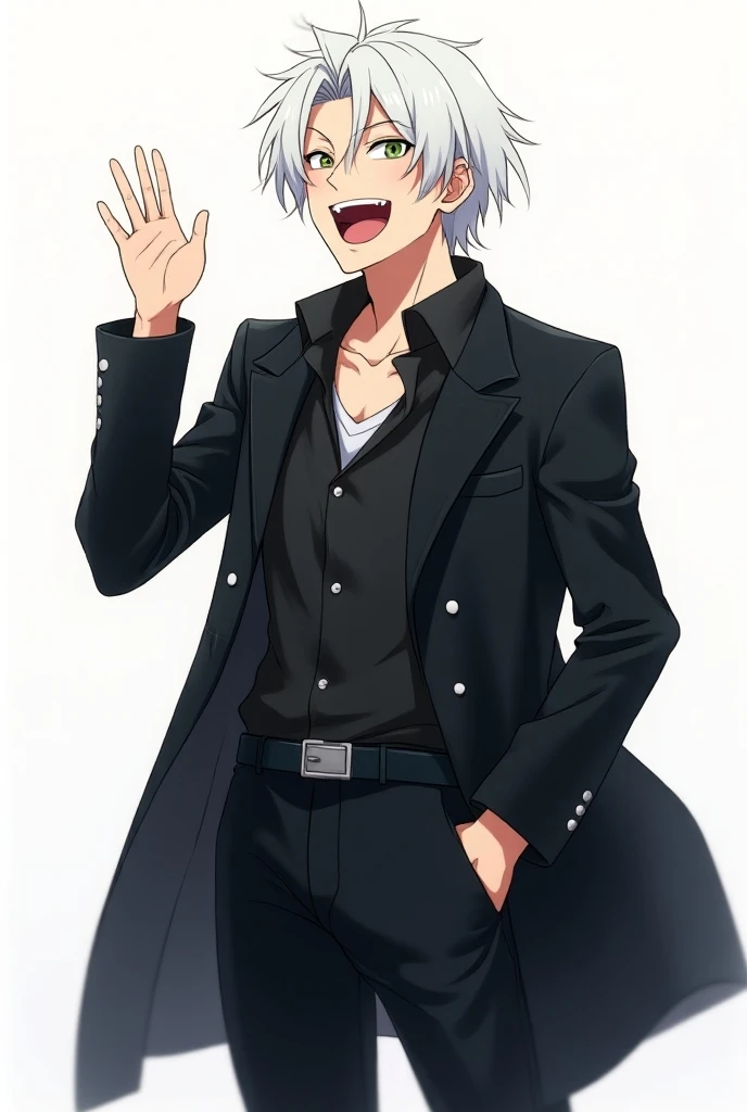  in anime style. A tall white-haired 18-year-old boy , waving at the camera ,  with a smile showing his teeth and closed eyes.  He was wearing a black overcoat and black pants 