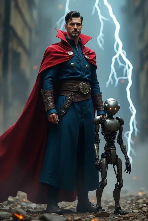 Doctor Strange And His Mini Companion Stand Together, Mini Size Robotic Companion, Detailed, Realistic, High Revolution, Magical, Lightning 