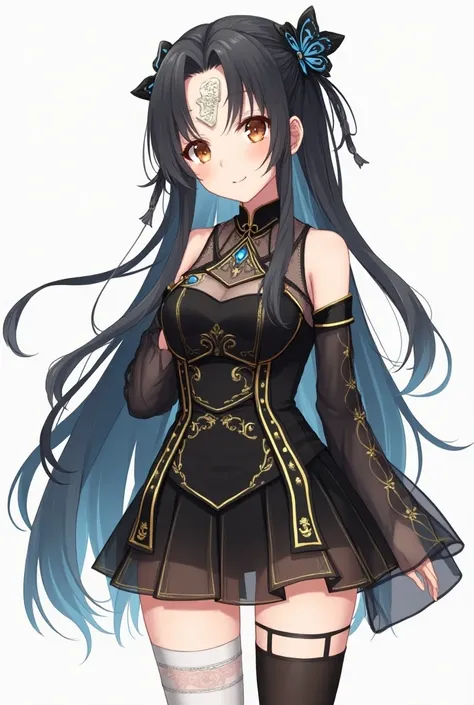 asian girl 18 years, 
Clear color
an anime-style character with long, dark hair, tied with decorative blue and black accessories, and a butterfly clip. The character has a piece of paper, commonly associated with traditional Taoist and Chinese folklore, af...