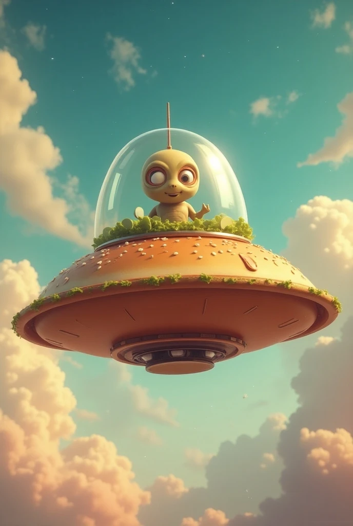 Generate a hamburger UFO ship with an animated alien inside 