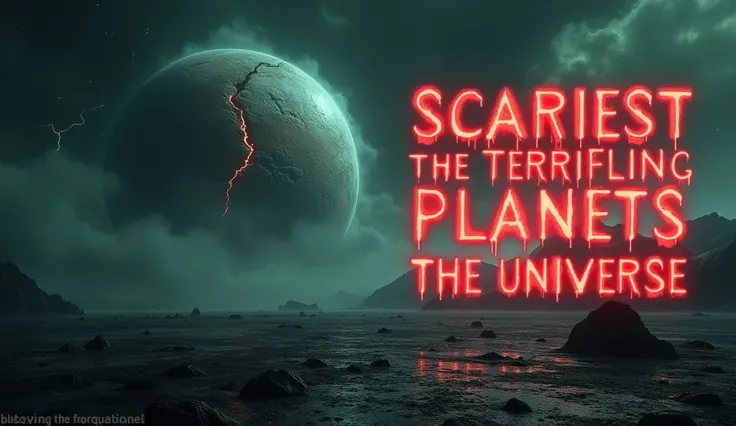 "A haunting YouTube thumbnail showcasing the most terrifying planets in the universe. Display a desolate, ominous-looking planet with dark, stormy clouds, glowing red or lava-filled cracks, and an eerie, toxic atmosphere. Another planet could appear in the...