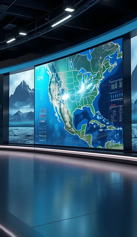 Ultra-realistic 4K image of a series of news screens showing headlines about extreme weather events around the world, such as devastating hurricanes and unexpected droughts, with animated maps and graphs.