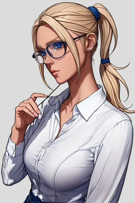  A 3D avatar of a blonde woman named Sávia ,  with big blue eyes and glasses .  Her hair is tied in a ponytail .  She is casually dressed in a white shirt and dark jeans, in a relaxed pose, but professional, without holding a tablet .  The style is cartoon...