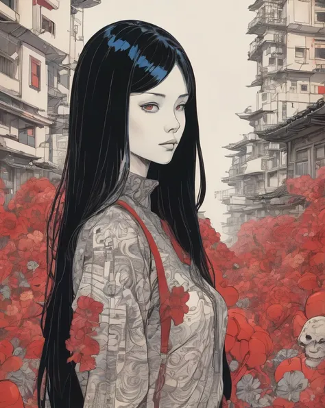 1 human woman 、Prostitute、cyborg , Tubing connected to the wall
beautiful、Long black hair、pray、Mechanical limbs、 red turtleneck tight、skull
(color ink painting by  Katsuhiro Otomo, moebius,  Victor Ngaikatsuya Terada   , Aaron Horkey )、(​masterpiece、top-qu...