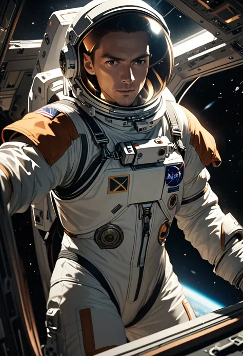 Cinematic lighting, adult male, slender yet toned physique, short copper hair, stiff expression, astronaut, helmet under arm, on spaceship, in space