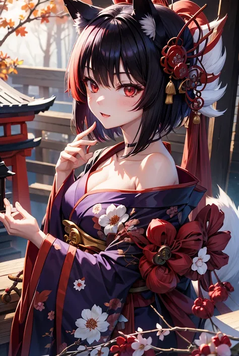 woman、 is wearing a fox mask、 Japanese、Black Hair、Red eyes、 Short Hair、The purple shrine maiden costume 、