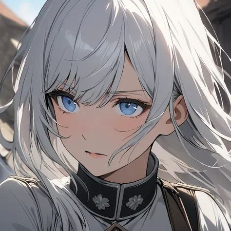 A girl with white hair and blue eyes with a high-quality face in a gray historical German uniform from the First World War.