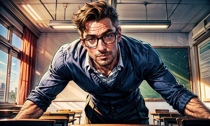 1 gorgeous male english teacher with glasses, shown from the chin downwards, standing in a classroom.