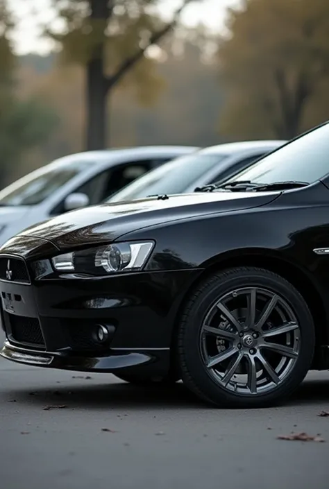 Mitsubishi Lancer 2008 black color with generic but beautiful polished aluminum wheels, Looking at it from the side  ( that you can see the wheels) 