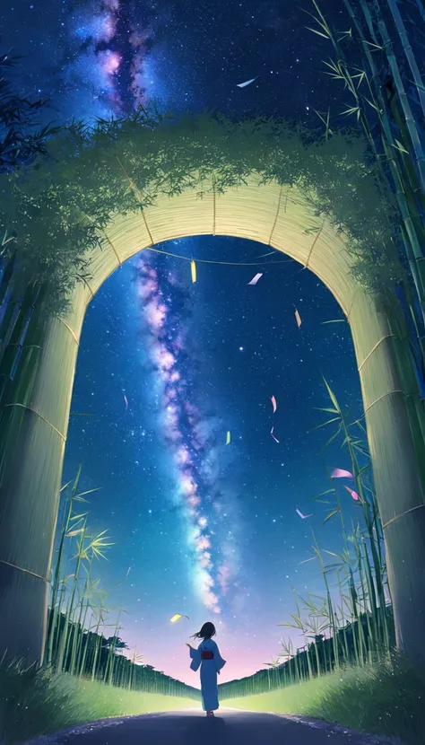 ((pastel))、A woman,kimono,Tanabata,Bamboo tunnel   ,  The paper is glued to the bamboo , blowing in the wind, Night sky,Milky Way,  seen from afar,A touching scene