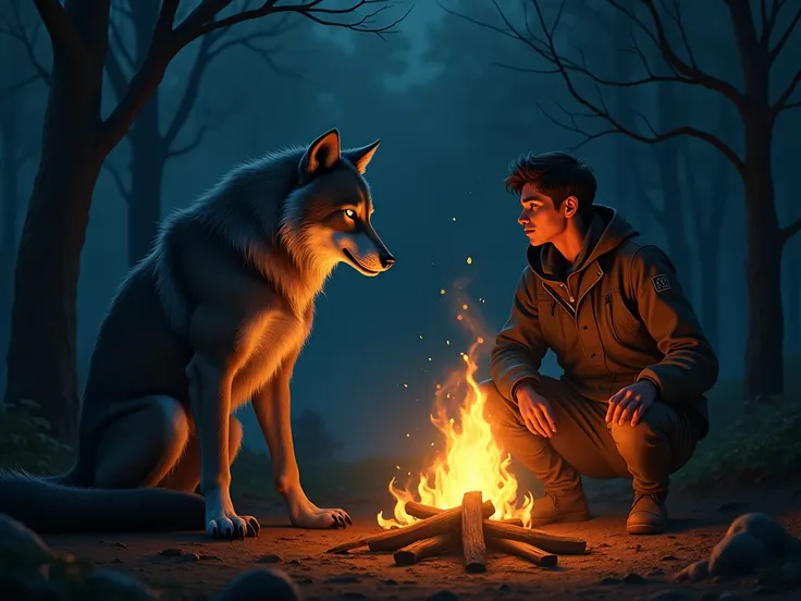 a quiet werewolf talking to a man in front of a bonfire