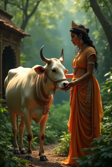 an indian queen feeding and serving a cow, in the jungle, their is sage hut also, hyper realistics image 