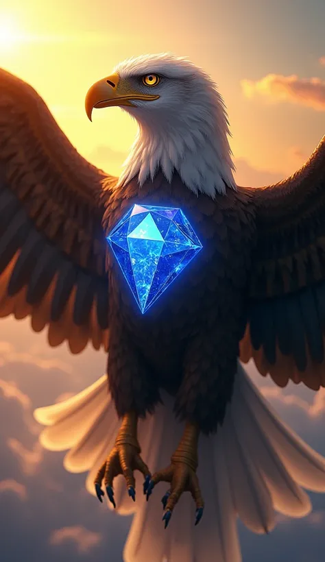 A majestic eagle soaring high above, its wings spread wide and glistening in the golden sunlight. The eagles fierce, sharp eyes focus on the horizon, with a brilliant sapphire diamond embedded in the center of its chest, glowing with a deep blue intensity....