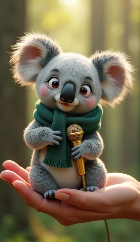 "Create a highly realistic, Pixar-style 3D render of a young, endearing koala sitting on a human hand, with a blurred, forested background in natural greens and browns to evoke a peaceful, woodland atmosphere. The koala has soft, textured gray fur, with de...