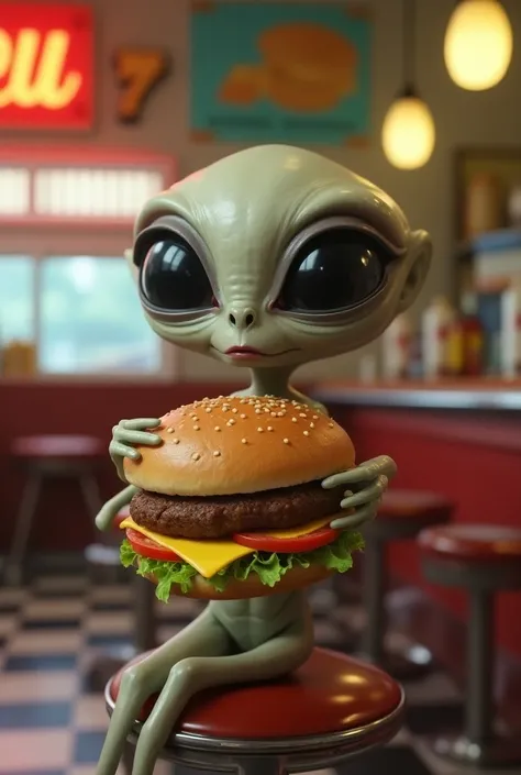 Alien eating cheeseburger
