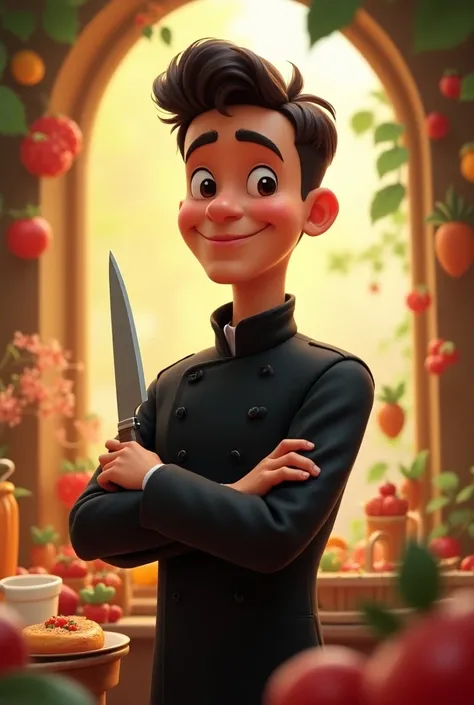 Disney-like background of a chef with short hair in a black coat what do you say with letters Heriberto in front with a knife in his hands 
