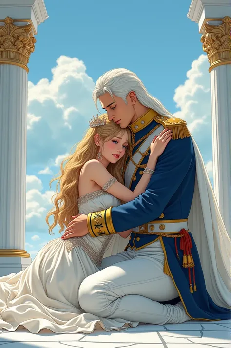 style of Japanese retro anime. A luxurious snow-white palace, in a huge hall, an incredibly beautiful young femme fatale sits on the floor-a blonde with long golden hair, blue eyes, she is wearing a luxurious princess dress, a tiara, jewelry, she is crying...