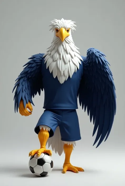 An eagle as a 3D soccer mascot with a navy blue uniform but without any logo her arm is her own wing with her hand and stepping on a soccer ball