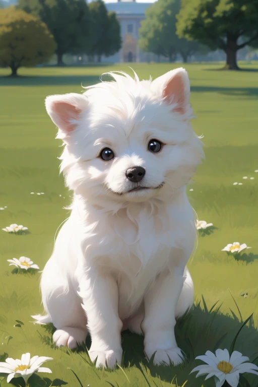 ((masterpiece)),best quality, beautiful detailed eyes, 8K resolution, Semi-realistic, cinematic lighting,"A small white Spitz puppy sitting alone on green grass in a peaceful park. No humans in the scene, just the dog. Semi-realistic, 2.5D style, high-qual...