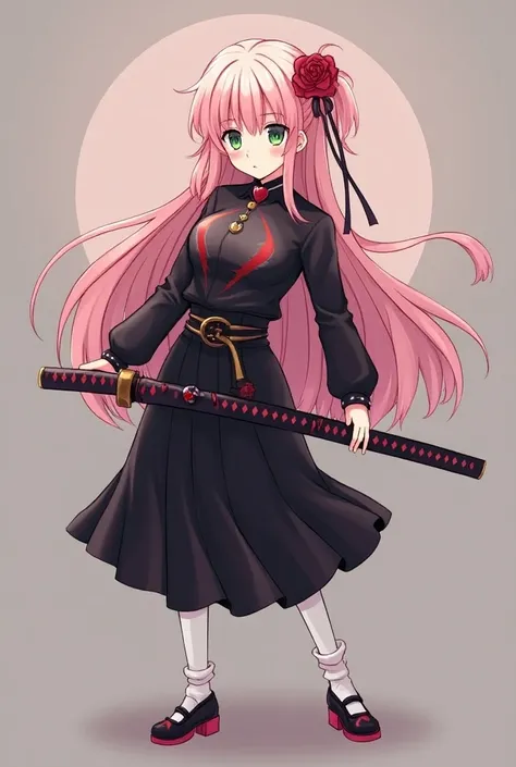 A woman with pink hair and long hair and dark green eyes wearing a black blouse with a highlight on her breasts and a heart necklace and a rose ornament on her head and with a medium skirt and with long white socks and a black and pink slipper and a katana...