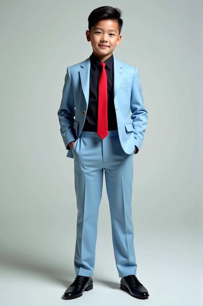 Boy in light blue suit , black shirt and red tie