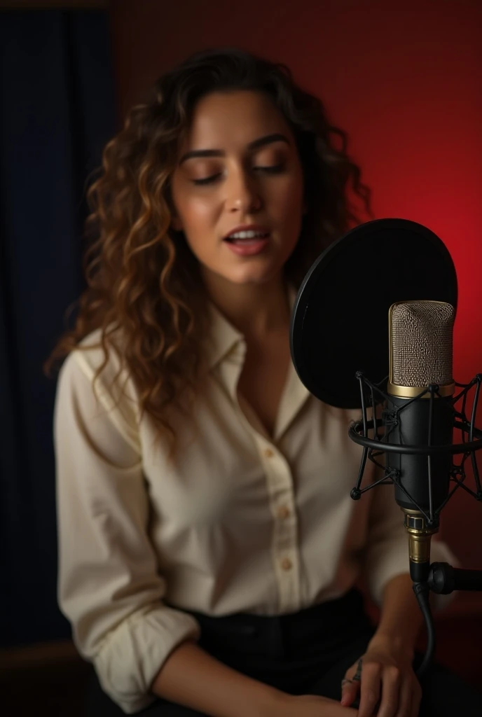 A shirt-wearing female magician is sitting singing with a condenser mic inside the studio with a closeup view