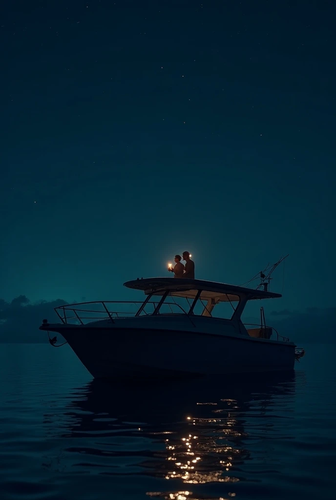  Photo of a small modern fishing boat with a roof with the lights on in the night photo from the height of the water tilted upwards focusing on the sky where 2 men drink rum