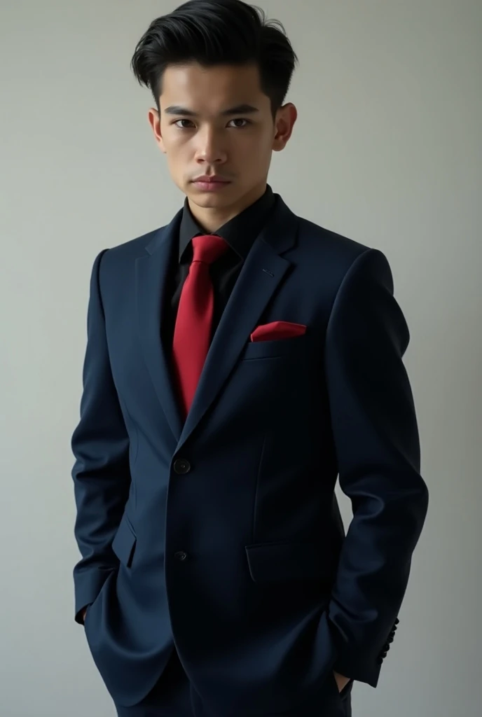 Boy in night blue suit 
stark, black shirt and red tie