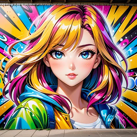 A mural of graffiti comic in a building wall.

( best quality, actual ),(close-up),(anime artwork:1.1),(mural),(Time travel style :1.1),(90s anime style:1.1),(Vivid colors),( detailed character atmosphere ),( soft lighting),(Nostalgia),( dynamic posture),(...