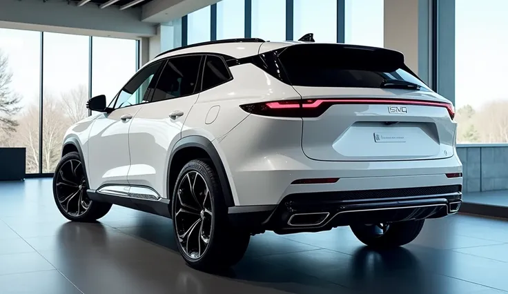 "A luxurious, full-sized SUV with a bold, powerful rear view, parked in a modern, well-lit showroom with large glass windows. The SUV has a glossy white finish with sleek, contoured lines that add a sense of aerodynamic flow to its design. At the back, the...