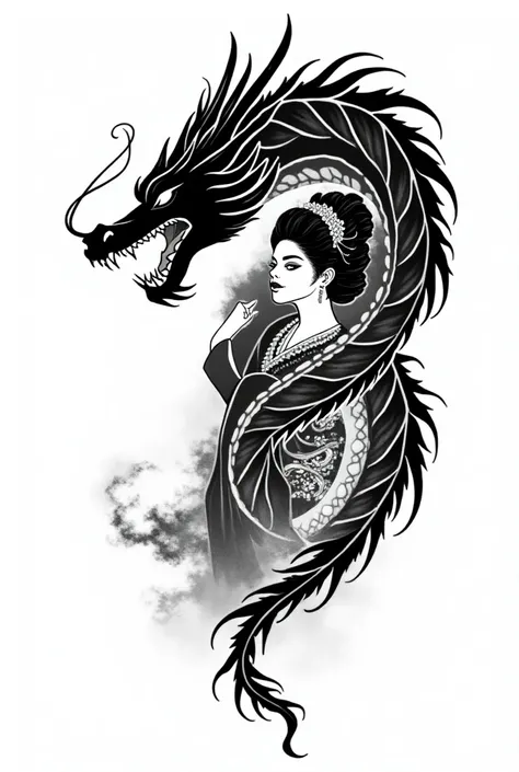 Black and white dragon and geisha tattoo with brave face 
