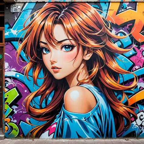 A mural of graffiti comic in a building wall.

( best quality, actual ),(close-up),(anime artwork:1.1),(mural),(Time travel style :1.1),(90s anime style:1.1),(Vivid colors),( detailed character atmosphere ),( soft lighting),(Nostalgia),( dynamic posture),(...