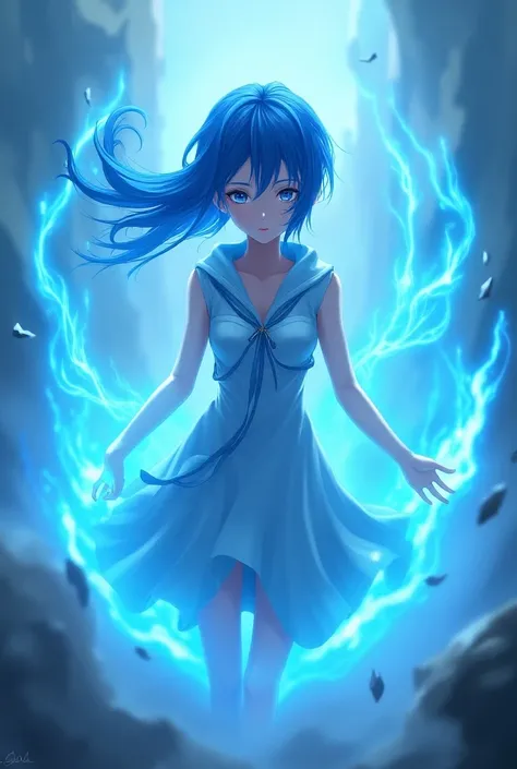 Create an anime character that has a blue aura around her body