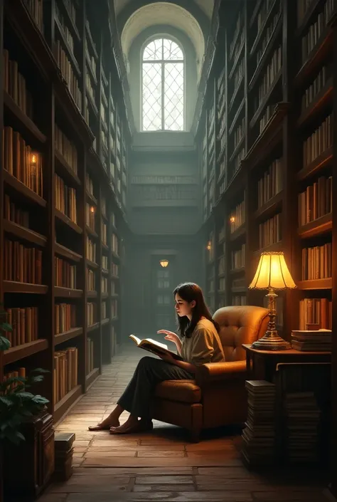 A girl is in the library where there are lots of books 