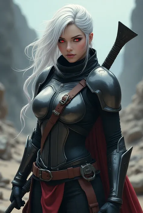 Create an image of a Mandalorian warrior 
She is a very beautiful woman this woman has white hair in the anime hair style, red eyes and this woman wears Mandalorian armor , This woman is a Mandalorian warrior  