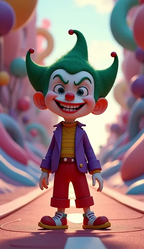 A very clear ultra HD image of "A cute funny joker smile on the road. Pixar style cartoon."